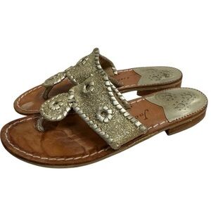 Jack Rogers Jacks Gold Glitter Sandals Women’s 6.5 • Whipstitch Leather Thong